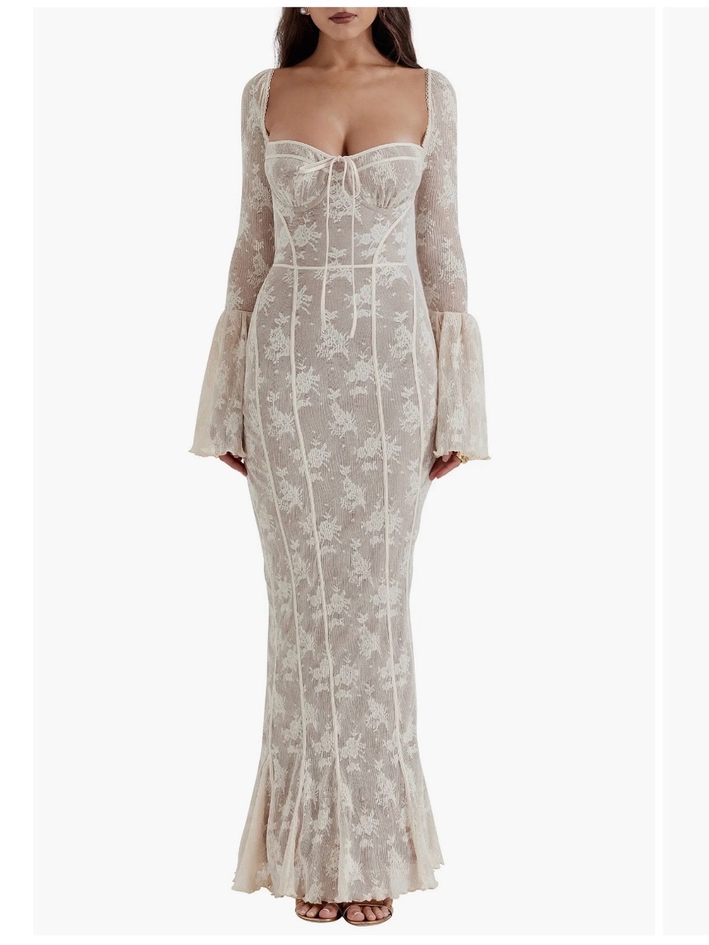 House of CB Ivory Floral Lace Long-Sleeve Mermaid Dress